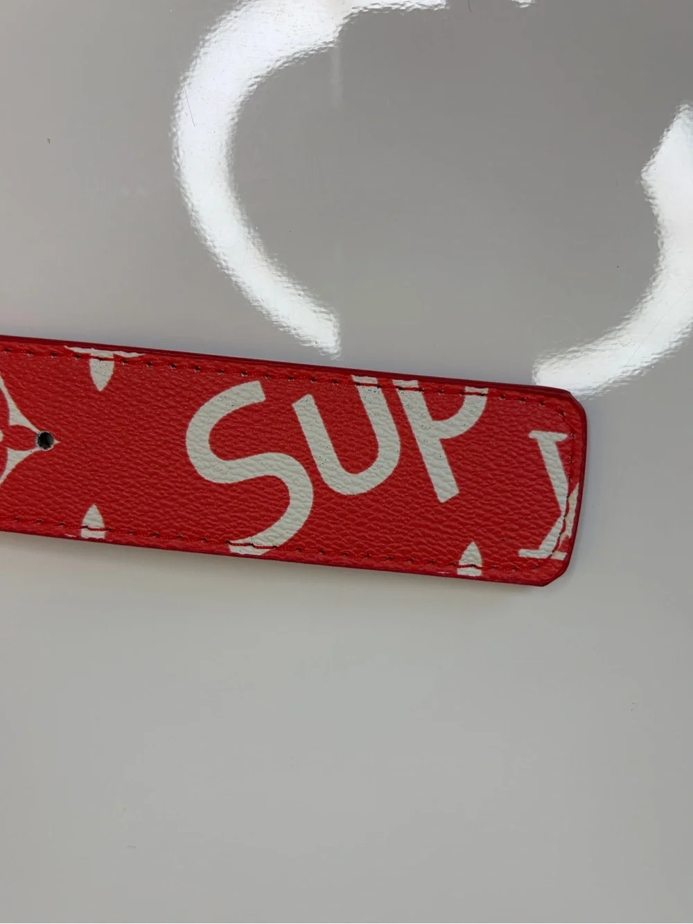 Mens Red and White Original Genuine Leather Belt Fits Waist 35-37